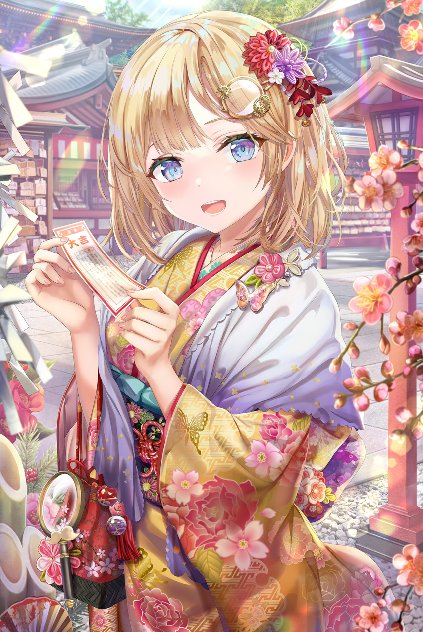 1girl :d architecture bangs blonde_hair blue_eyes blush breasts butterfly_ornament cherry_blossoms chromatic_aberration commentary_request east_asian_architecture eyebrows_visible_through_hair floral_print flower hair_flower hair_ornament highres holding holding_paper hololive hololive_english japanese_clothes kimono light_rays looking_at_viewer magnifying_glass monocle_hair_ornament ofuda open_mouth outdoors paper short_hair small_breasts smile solo sunlight torino_akua upper_body virtual_youtuber watson_amelia wide_sleeves