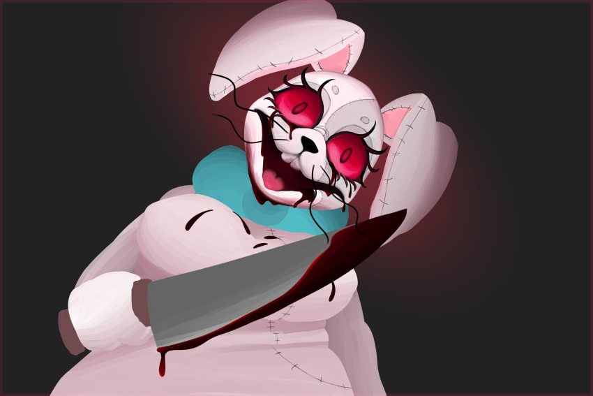 2020 absurd_res anthro big_bow_tie big_ears black_background black_nose blood blood_on_body blood_on_breasts blood_on_face blood_on_weapon bloody_knife bloody_mouth bodily_fluids bow_tie breasts buckteeth close-up eyebrows eyelashes female fingers five_nights_at_freddy's five_nights_at_freddy's:_security_breach hi_res knife lagomorph leporid long_ears long_whiskers looking_at_viewer mammal meacratsia multicolored_ears open_mouth pink_ears pink_tongue portrait rabbit red_background red_eyes red_sclera simple_background smile solo stitch_(disambiguation) teeth tongue vanny_(fnaf) video_games weapon whiskers white_body white_ears white_eyebrows