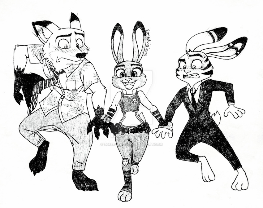 2gredvisions anthro blush canid canine clothed clothing dipstick_ears disney female feral fox fully_clothed fur grey_body grey_fur group hi_res jack_savage judy_hopps lagomorph leporid male male/female mammal midriff multicolored_ears nick_wilde orange_body orange_fur polyamory rabbit red_fox simple_background standing tongue tongue_out white_background zootopia