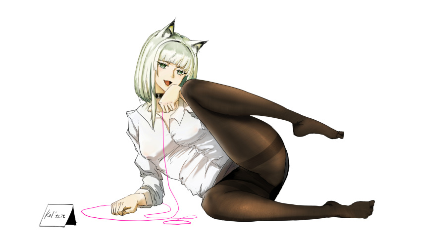 1girl alternate_costume animal_ears arknights black_choker black_legwear black_skirt breasts cat_ears character_name choker collared_shirt commentary covered_nipples dress_shirt english_commentary facelord12138 full_body green_eyes highres kal'tsit_(arknights) leg_up light_green_hair lips looking_at_viewer lying medium_breasts miniskirt namecard on_side open_mouth panties panties_under_pantyhose pantyhose pink_string shirt short_hair simple_background skirt smile solo string thighband_pantyhose underwear white_background white_shirt