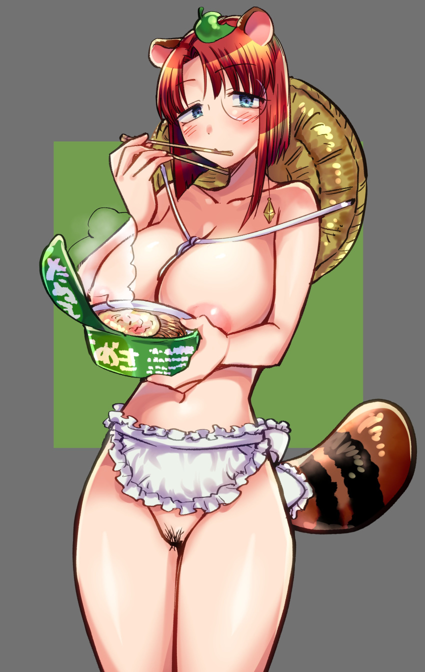 1girl absurdres animal_ears apron areolae bangs blue_eyes blush breasts chopsticks curvy eyebrows_visible_through_hair food forte_stollen galaxy_angel highres kofajiro large_breasts leaf leaf_on_head looking_at_viewer noodles plump pubic_hair raccoon_ears raccoon_girl raccoon_tail ramen red_hair short_hair tail waist_apron