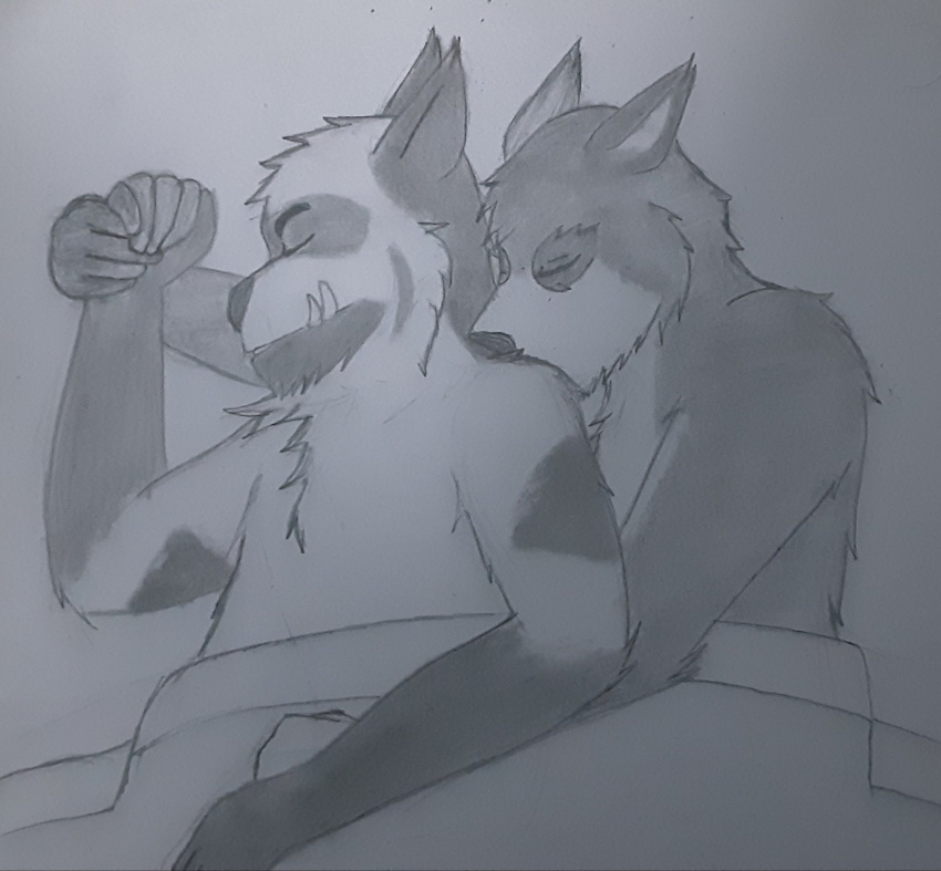 2020 anthro bedding blanket canid canine canis dave_(password) duo eyes_closed hand_holding hi_res hyaenid ironbear42 lying male male/male mammal password_(visual_novel) sketch striped_hyena traditional_media_(artwork) tyson_(password) video_games visual_novel wolf