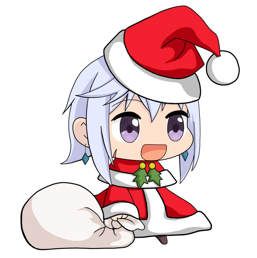 1girl absurdres chibi chris_(konosuba) dage_the_evil earrings hat highres holding holding_sack jewelry kono_subarashii_sekai_ni_shukufuku_wo! open_mouth padoru sack santa_costume santa_hat scar short_hair solo white_background white_hair