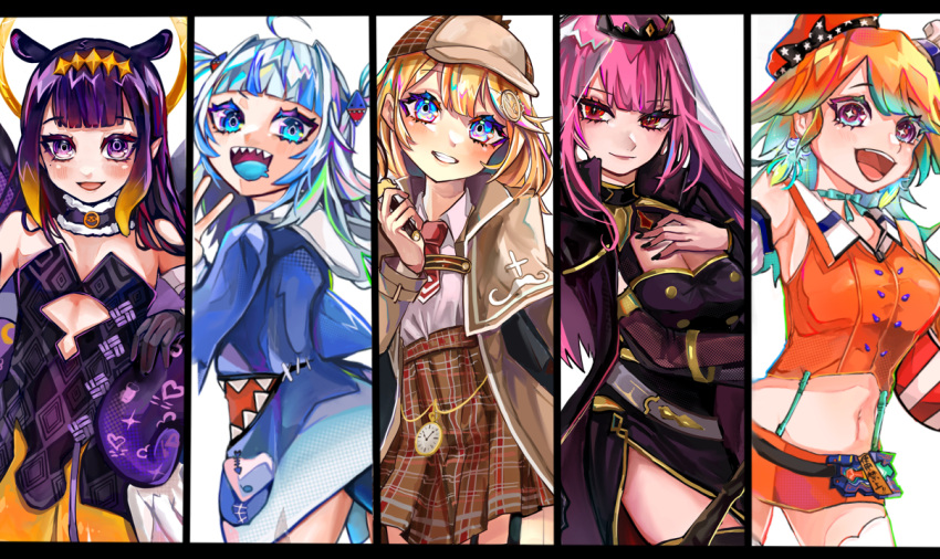 5girls ahoge arm_under_breasts bangs belt black_gloves blonde_hair blue_eyes blue_hair blue_tongue blunt_bangs blush breasts cape capelet chef_hat cleavage cleavage_cutout clothing_cutout collared_shirt column_lineup deerstalker detached_sleeves earrings eyebrows_visible_through_hair feather_earrings feathers fish_tail flat_chest from_behind gawr_gura gloves gradient_hair green_hair hair_ornament halo hand_on_own_chest hat high-waist_skirt holding_magnifying_glass hololive hololive_english holomyth jewelry leaning_forward light_smile looking_at_viewer looking_to_the_side mamiya_miya medium_breasts medium_hair midriff mini_necktie miniskirt mole mole_under_eye monocle_hair_ornament monogram mori_calliope multicolored_hair multiple_girls navel ninomae_ina'nis open_mouth orange_hair orange_headwear orange_skirt pink_hair plaid plaid_skirt pocket_watch pointy_ears purple_eyes purple_hair red_eyes red_neckwear shark_tail sharp_teeth shirt silver_hair single_detached_sleeve skirt sparkling_eyes streaked_hair tail takanashi_kiara teeth tentacle_hair tentacles thighhighs tiara tsurime two_side_up v v-shaped_eyebrows veil virtual_youtuber watch white_headwear wings