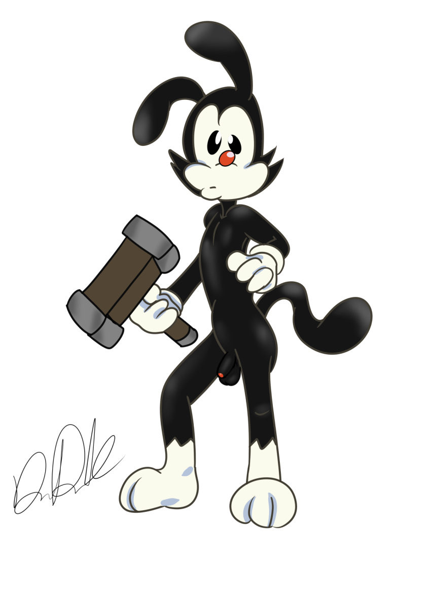 animaniacs balls black_body black_eyes black_fur clothing devilishdouble flaccid fur genitals gloves hammer handwear hi_res inkblot male nude penis red_nose simple_background solo tools warner_brothers white_background white_body white_fur white_skin yakko_warner