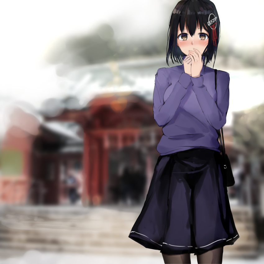 1girl 73suke absurdres alternate_costume bag black_hair black_legwear black_skirt blurry brown_eyes commentary_request covering_mouth depth_of_field haguro_(kantai_collection) hair_ornament handbag hands_over_own_mouth highres kantai_collection looking_at_viewer pantyhose purple_sweater short_hair shrine skirt solo sweater