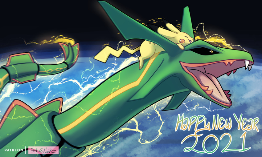 2021 5:3 ambiguous_gender black_sclera conditional_dnp duo eyes_closed fangs feral fur green_body holidays legendary_pok&eacute;mon nakoo new_year nintendo open_mouth open_smile pikachu pok&eacute;mon pok&eacute;mon_(species) rayquaza red_body red_fur riding_on_back size_difference smile space tongue video_games yellow_body yellow_eyes yellow_fur