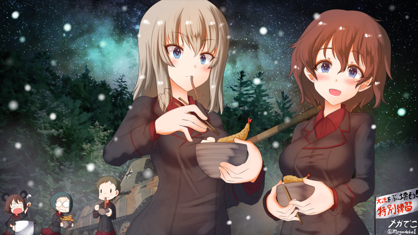 5girls akaboshi_koume angry animal_ears aquaegg banner black_jacket blue_eyes blush bowl brown_hair chopsticks eating eyebrows food forest girls_und_panzer glasses green_hair ground_vehicle highres holding holding_bowl holding_chopsticks itsumi_erika jacket kojima_emi kuromorimine_military_uniform ladle long_hair long_sleeves looking_at_viewer mauko_(girls_und_panzer) military military_vehicle motor_vehicle mouse_ears multiple_girls nature night noodles opaque_glasses outdoors plant pleated_skirt potted_plant red_footwear red_shirt sangou_(girls_und_panzer) shirt short_hair shrimp silver_hair skirt sky smile snow soba star_(sky) starry_sky tank tiger_ii translation_request tree twitter_username wavy_hair