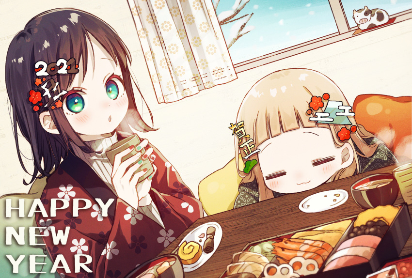 2021 2girls =_= bangs black_hair blue_nails blush bowl brown_hair chinese_zodiac closed_eyes closed_mouth commentary_request cow cup curtains day dutch_angle egasumi floral_print flower greyscale hair_flower hair_ornament hairclip happy_new_year highres holding holding_cup indoors kotatsu long_hair long_sleeves looking_at_viewer monochrome mount_fuji multicolored multicolored_nails multiple_girls nail_polish new_year open_clothes original parted_bangs parted_lips red_flower red_nails ribbed_sweater snowing sofra steam sweater table turtleneck turtleneck_sweater white_nails white_sweater wide_sleeves window year_of_the_ox yunomi