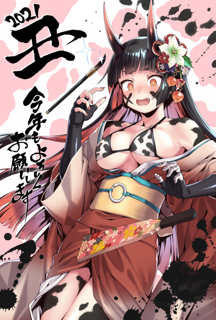 1girl animal_print bandaged_fingers bandages bangs bare_shoulders bikini bikini_under_clothes black_gloves black_hair blunt_bangs blush bodypaint bouncing_breasts breasts bright_pupils calligraphy_brush chinese_zodiac collarbone colored_inner_hair commentary_request cow_print cowboy_shot elbow_gloves embarrassed eyebrows_visible_through_hair fang fingernails flower gloves hagoita hair_flower hair_ornament highres horns ink japanese_clothes kimono long_fingernails long_sleeves medium_breasts multicolored_hair nail_polish new_year nose_blush obi off_shoulder oni_horns open_clothes open_kimono open_mouth orange_eyes original paddle paintbrush print_bikini red_hair red_kimono red_nails sash skin-covered_horns solo swimsuit tearing_up tears translation_request two-tone_background two-tone_hair underboob v-shaped_eyebrows white_flower wide-eyed wide_sleeves yagi_(ningen) year_of_the_ox
