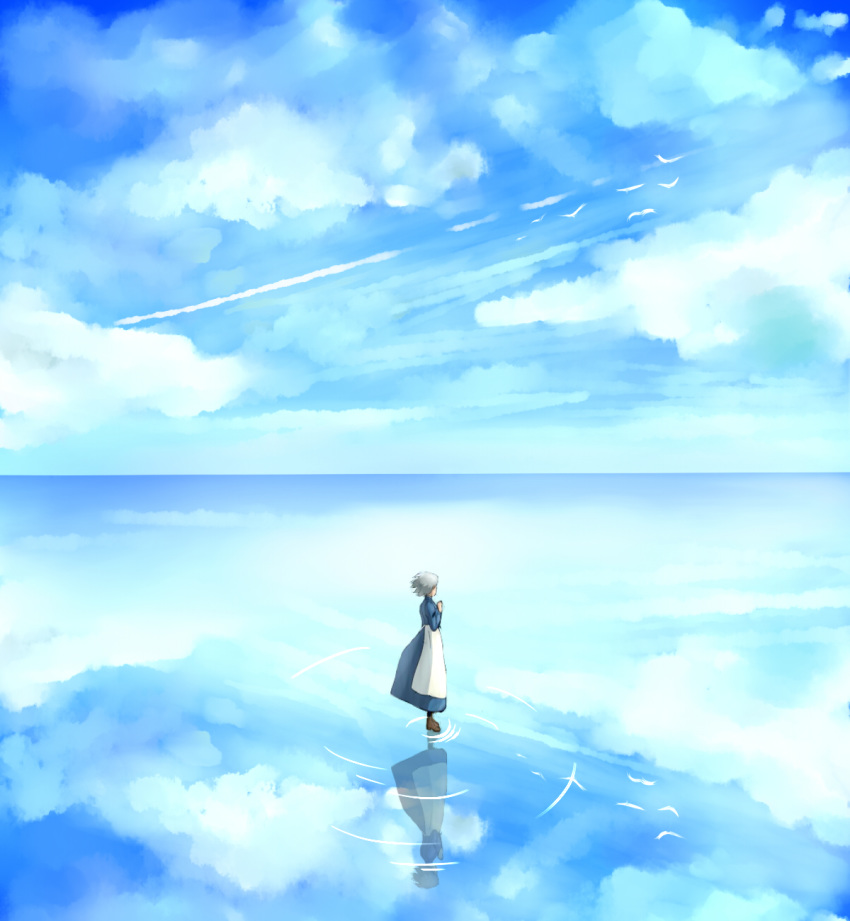 1girl apron bird blue_dress boots brown_footwear cloud day dress english_commentary full_body grey_hair haku_(15574450) highres horizon howl_no_ugoku_shiro long_sleeves looking_to_the_side own_hands_together reflection ripples scenery short_hair sky solo sophie_(howl_no_ugoku_shiro) standing waist_apron water white_apron wind