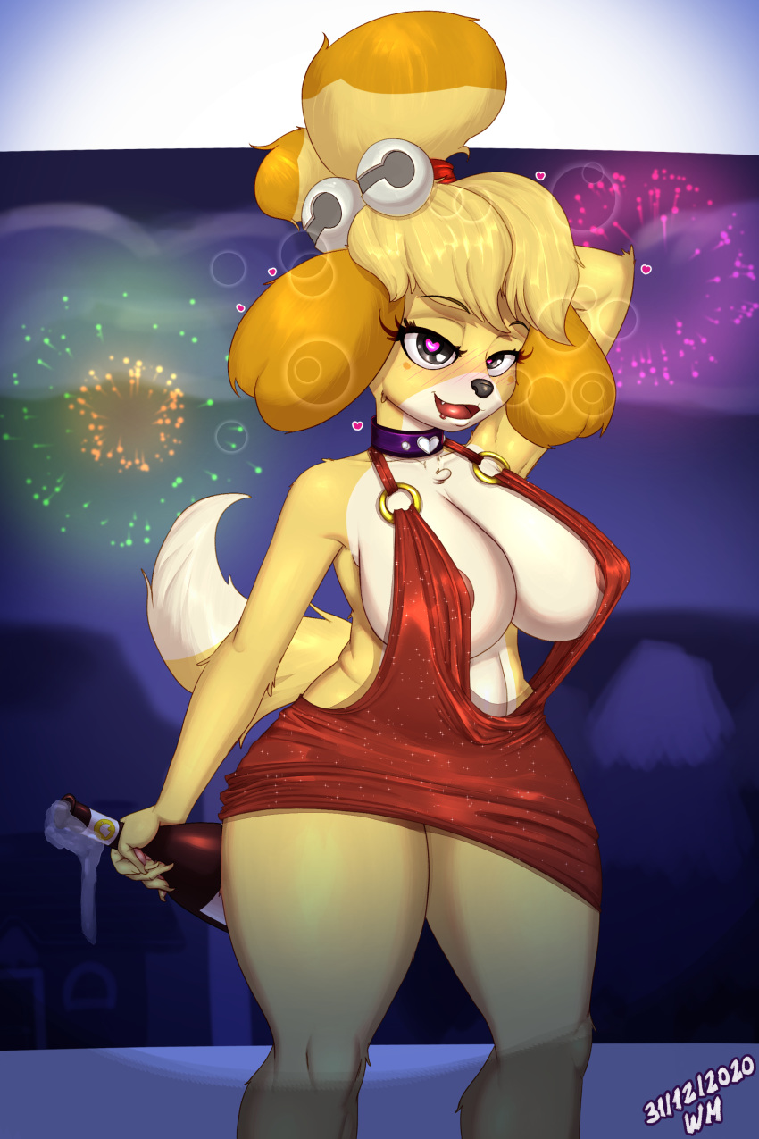 &lt;3 &lt;3_eyes 2:3 5_fingers absurd_res animal_crossing anthro areola blush bottle canid canine canis digital_media_(artwork) domestic_dog eyebrows eyelashes female fingers fireworks hand_behind_head hi_res holding_bottle holding_object isabelle_(animal_crossing) mammal nintendo open_mouth shih_tzu solo toy_dog video_games wolfmask