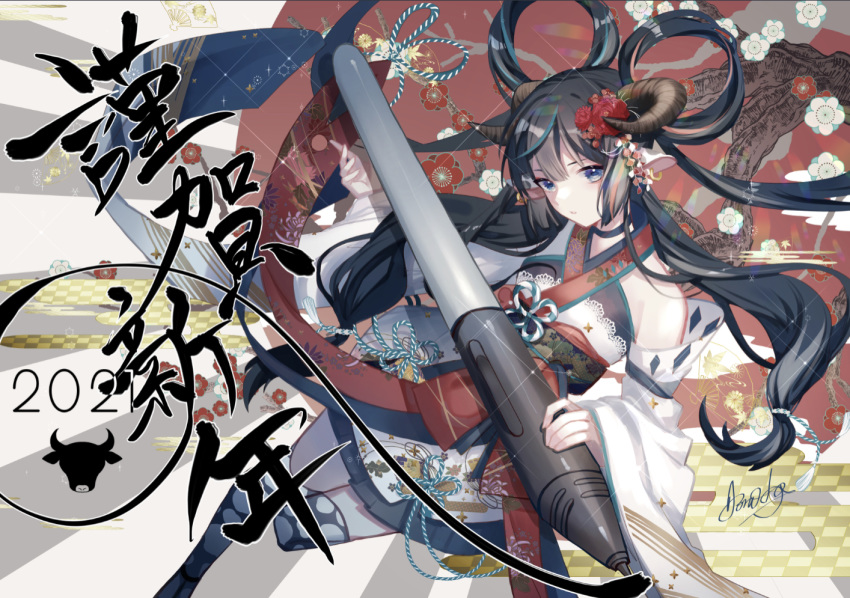 1girl 2021 animal_ears aono_99 blue_eyes chinese_zodiac choker cow cow_ears cow_girl detached_sleeves flower hair_flower hair_ornament hair_rings horns japanese_clothes kimono long_hair looking_at_viewer original parted_lips red_flower stylus thighhighs wide_sleeves year_of_the_ox yukata
