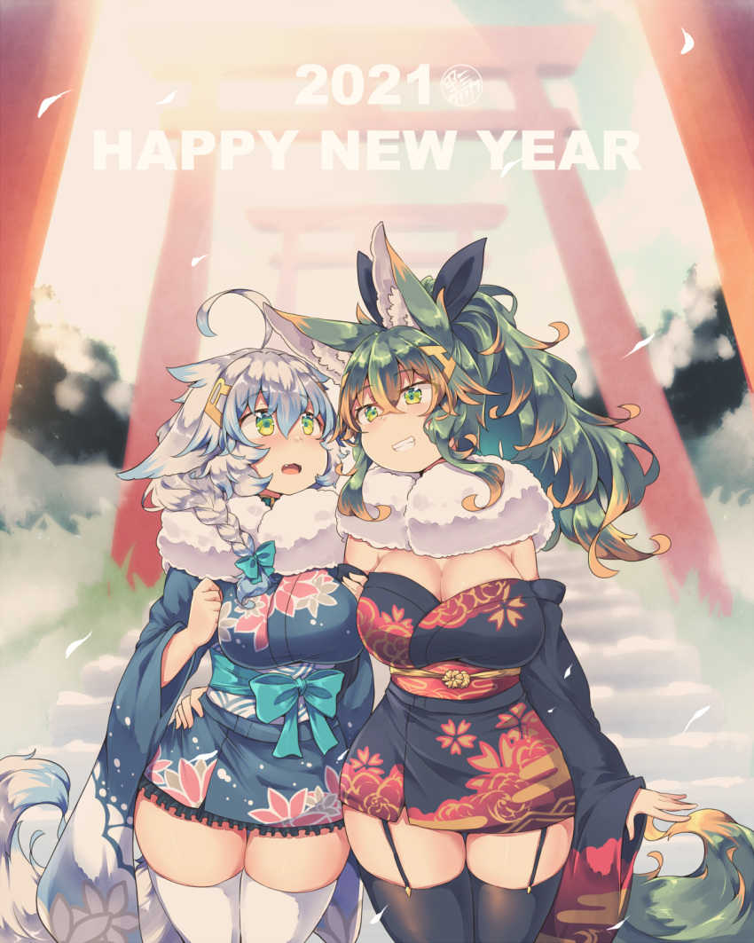 2021 2girls ahoge animal_ears bangs black_kimono black_legwear blue_bow blue_hair blush bow braid breasts brown_hair cleavage clenched_teeth commentary_request crossed_bangs detached_sleeves eyebrows_visible_through_hair fur_trim garter_straps green_eyes green_hair hair_bow happy_new_year highres japanese_clothes kimono kuromiya kuromiya_raika long_hair long_sleeves looking_at_another multicolored_hair multiple_girls new_year original petals red_hair shiromiya_asuka short_hair single_braid smile stairs tail teeth thighhighs torii two-tone_hair white_hair white_legwear