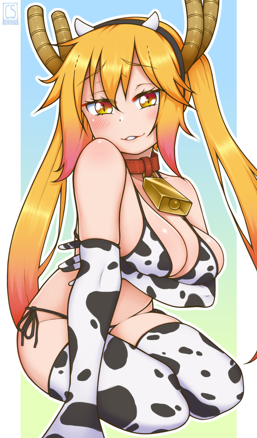 1girl 2021 absurdres animal_ears animal_print bell bikini blonde_hair blush breasts cheesestyx chinese_zodiac cow_horns cow_print dragon_girl dragon_horns elbow_gloves eyebrows_visible_through_hair glasses gloves highres horns kobayashi-san_chi_no_maidragon kobayashi_(maidragon) long_hair multiple_girls new_year smile solo swimsuit tail thighhighs twintails year_of_the_ox