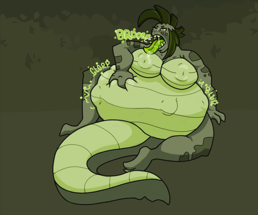 alligator alligatorid ambiguous_gender big_beak big_breasts breasts burping crocodilian demi-human digestion faeriedevil fatal female female/ambiguous female_pred green_body green_eyes green_tongue humanoid monster nipples overweight overweight_female reptile rumbling_stomach scalie swamp tongue tongue_out vore