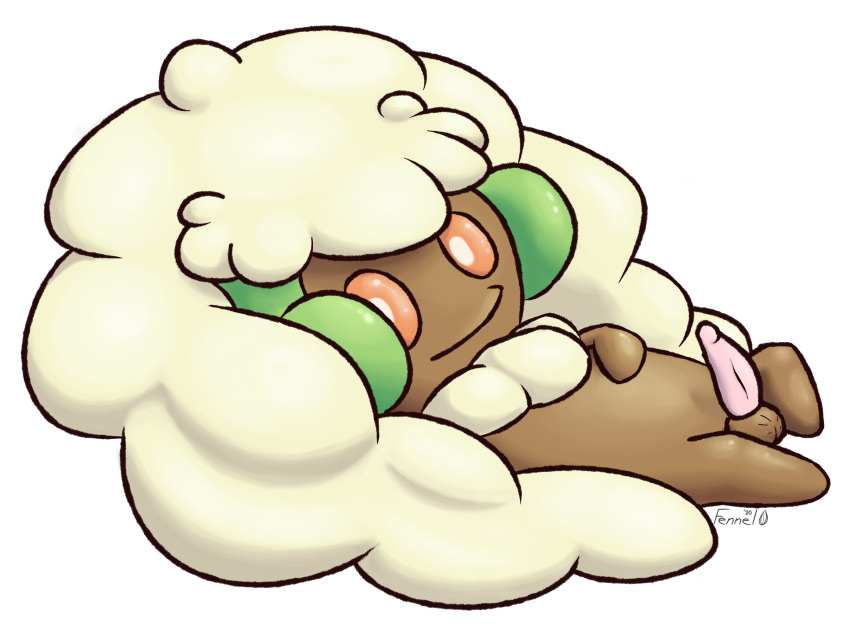 2020 balls digital_media_(artwork) erection fennelseed feral fluffy genitals hi_res looking_at_viewer lounging lying male nintendo on_back penis pok&eacute;mon pok&eacute;mon_(species) shaded simple_background smile solo toony video_games whimsicott white_background