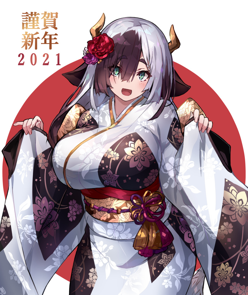 1girl :d animal_ears bangs blush breasts brown_hair cow_ears cow_horns cowboy_shot eyebrows_visible_through_hair flag_background flower furisode green_eyes hair_flower hair_ornament hair_over_one_eye highres horns japanese_clothes japanese_flag kimono large_breasts long_hair long_sleeves looking_at_viewer multicolored_hair open_mouth original ramuya_(lamb) red_flower red_rose rose silver_hair sleeve_hold sleeves_past_wrists smile solo tassel two-tone_hair underbust wide_sleeves