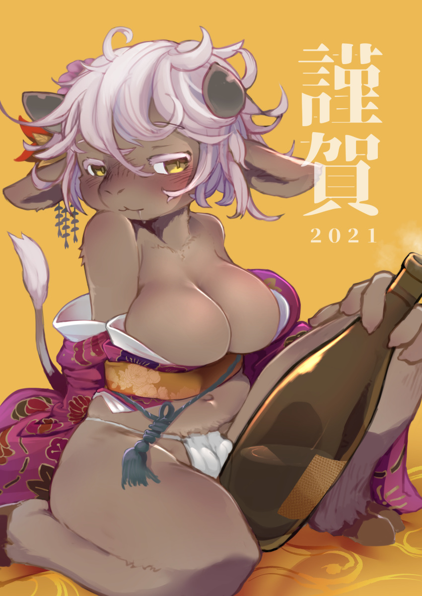 2021 :3 absurd_res accessory alcohol anthro asian_clothing bedroom_eyes beverage big_breasts biped blush bottle bovid bovine breasts brown_body brown_fur camel_toe champagne chinese_zodiac cleavage clothed clothing cloven_hooves east_asian_clothing eyelashes female flower flower_in_hair fundoshi fur hair hair_accessory hi_res holding_bottle holding_object holidays hooves horn japanese_clothing kanji kemono kimono looking_at_viewer mammal monotone_body monotone_fur monotone_hair narrowed_eyes navel new_year obi partially_clothed plant plump_camel_toe seductive short_hair simple_background sitting slightly_chubby solo tail_tuft tenyati three-quarter_view tuft underwear white_eyelashes white_hair wide_hips wine_bottle year_of_the_ox yellow_background yellow_eyes