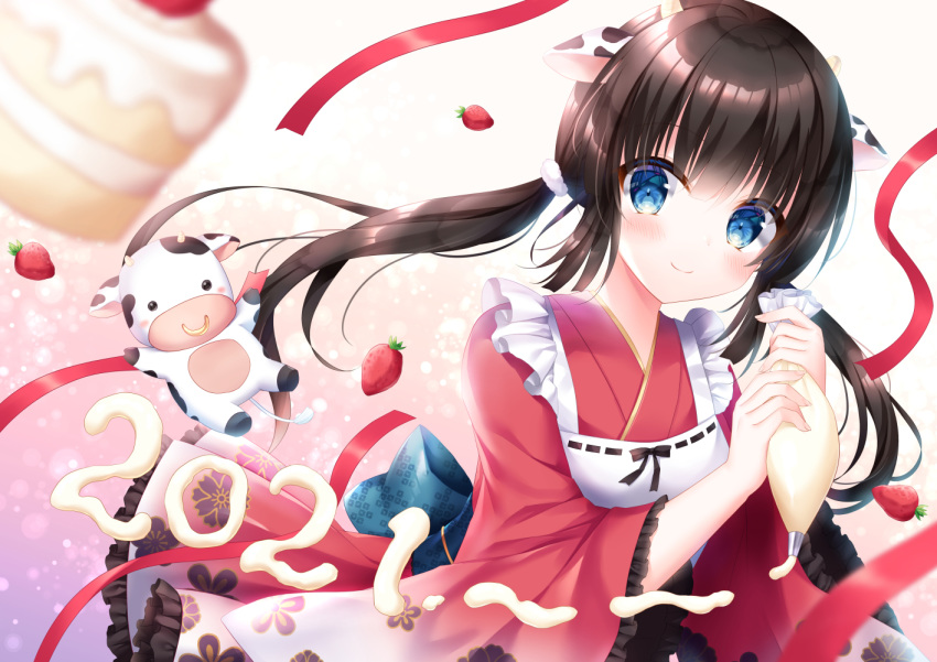 1girl 2021 animal animal_ears apron bangs black_hair blue_eyes blurry blurry_foreground chinese_zodiac closed_mouth commentary_request cow cow_ears cow_horns cream depth_of_field eyebrows_visible_through_hair floral_print food frilled_sleeves frills fruit holding horns japanese_clothes kimono kohinata_hoshimi long_hair long_sleeves low_twintails original pastry_bag red_kimono smile solo strawberry twintails very_long_hair white_apron wide_sleeves year_of_the_ox