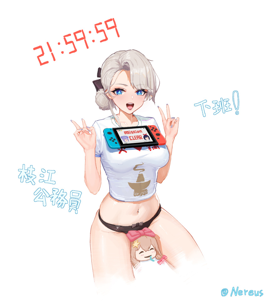 +_+ 1girl :d a-soul absurdres ava_(a-soul) bangs bella_(a-soul) between_legs black_panties blue_eyes breasts character_doll chinese_commentary chinese_text commentary_request cowboy_shot crop_top diana_(a-soul) double_v eileen_(a-soul) eyebrows_visible_through_hair hair_bun highres large_breasts looking_at_viewer midriff nail_polish navel nintendo_switch object_on_breast open_clothes panties shirt short_hair short_sleeves silver_hair sitting smile solo ta03545 translation_request underwear v virtual_youtuber white_shirt