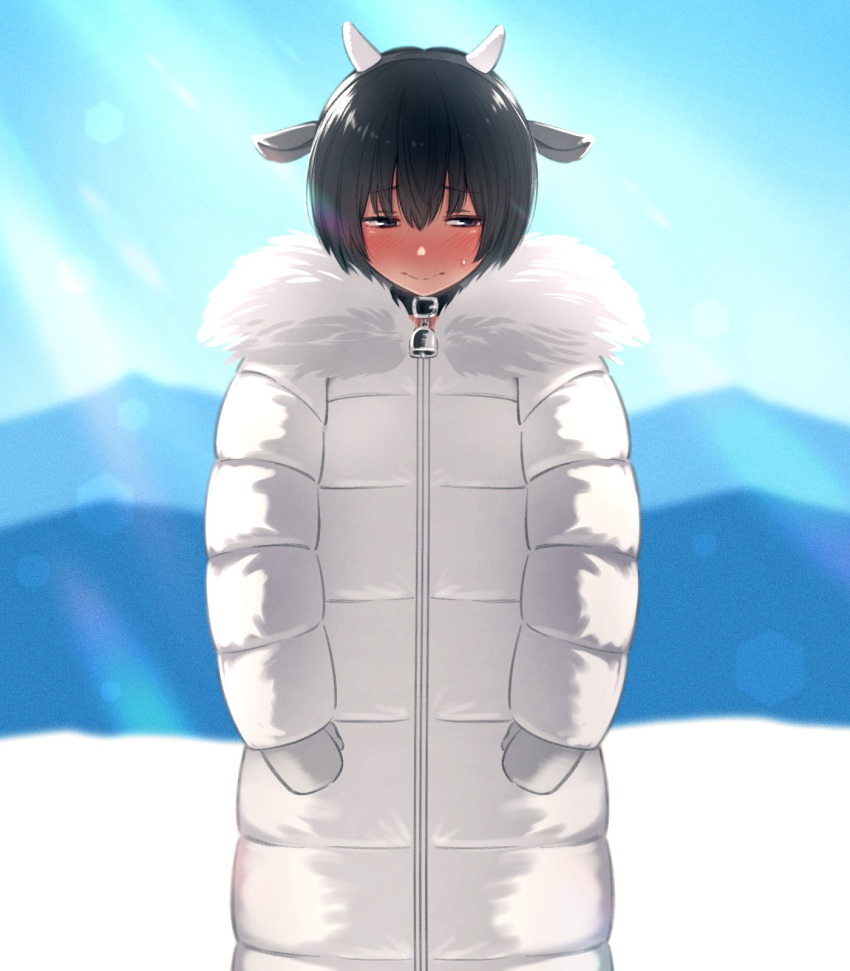 1girl animal_ears bell bell_collar black_collar black_hair blue_sky blurry blurry_background blush coat collar cow_ears cow_horns cowboy_shot dark_skin day fake_animal_ears highres horns kemuri_haku looking_to_the_side original outdoors short_hair sky snow solo sweatdrop white_coat white_mittens