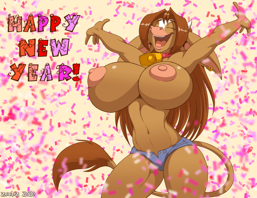 anthro bessie_(zp92) big_breasts bottomwear bovid bovine breasts clothed clothing collar confetti cowbell cutoffs daisy_dukes denim denim_clothing english_text eyes_closed female hi_res holidays hotpants mammal new_year nipples raised_arms shorts solo tail_tuft text topless tuft zp92