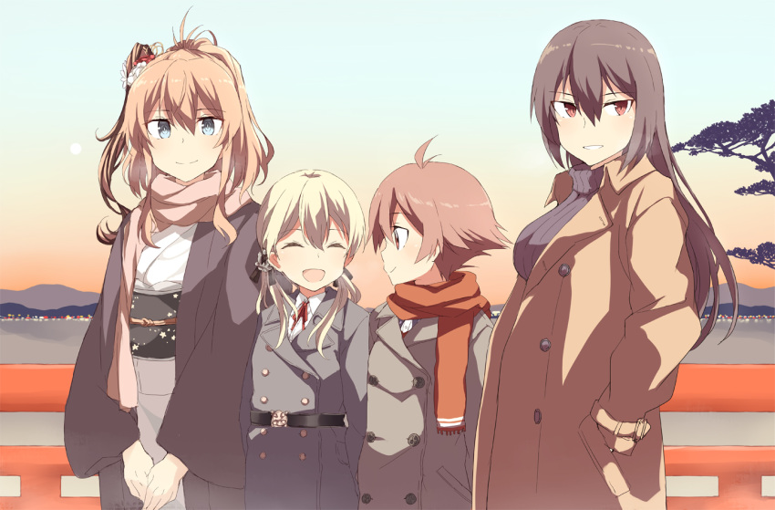 4girls alternate_costume bangs black_hair black_sweater blonde_hair blue_eyes breasts closed_eyes hair_between_eyes hair_ornament hair_ribbon hand_in_pocket jacket japanese_clothes kantai_collection kimono light_brown_hair long_hair long_sleeves morning mountain multiple_girls nagato_(kantai_collection) new_year obi open_mouth outdoors pink_scarf ponytail prinz_eugen_(kantai_collection) purple_hair red_eyes red_scarf ribbed_sweater ribbon sakawa_(kantai_collection) saratoga_(kantai_collection) sash scarf shigino_sohuzi short_hair smile sweater twintails