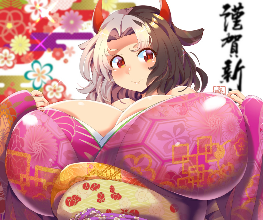 alternate_costume animal_ears bangs black_hair blurry blurry_background blush breasts cleavage commentary_request covered_nipples cow_ears cow_horns egasumi floral_background floral_print gigantic_breasts hair_intakes hands_up highres horns japanese_clothes kimono multicolored_hair obi parted_bangs pink_kimono red_eyes red_horns reflective_eyes sash shiny shiny_clothes shiny_hair shiny_skin short_hair smile touhou translation_request two-tone_hair umigarasu_(kitsune1963) upper_body ushizaki_urumi white_hair wide_sleeves yellow_pupils