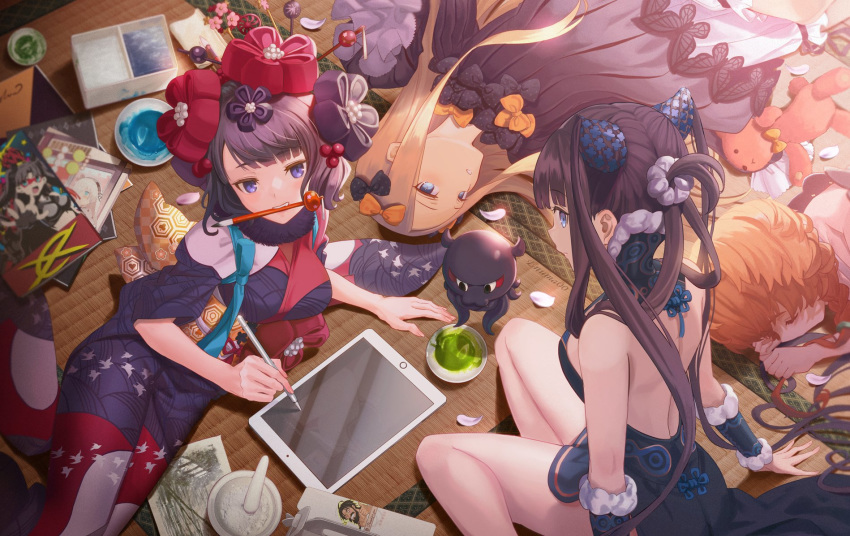4girls abigail_williams_(fate/grand_order) aora bangs bare_shoulders black_bow black_dress black_headwear blonde_hair blue_eyes blush bow braid breasts china_dress chinese_clothes closed_eyes detached_sleeves dress fate/grand_order fate_(series) forehead hair_bow hair_ornament hairpin hat highres japanese_clothes katsushika_hokusai_(fate/grand_order) kimono large_breasts long_hair long_sleeves looking_at_viewer lying mouth_hold multiple_bows multiple_girls octopus on_side orange_bow orange_hair parted_bangs polka_dot polka_dot_bow purple_hair purple_kimono red_kimono ribbed_dress sash short_hair side_braid side_slit sidelocks sleeping sleeves_past_fingers sleeves_past_wrists small_breasts stuffed_animal stuffed_toy teddy_bear thighs tokitarou_(fate/grand_order) twintails van_gogh_(fate) very_long_hair white_bloomers wide_sleeves yang_guifei_(fate/grand_order)