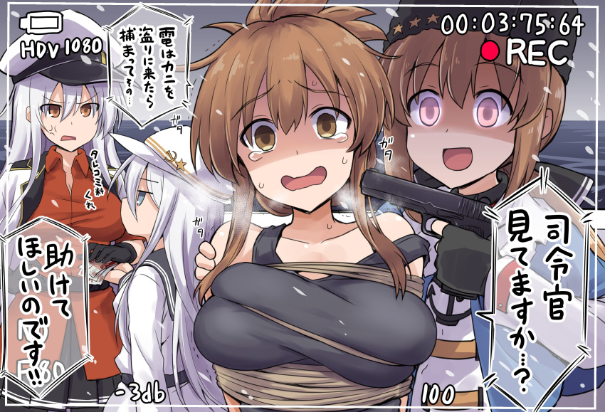 4girls absurdres anger_vein black_bow black_gloves black_headwear black_skirt blue_eyes blue_shawl bow breasts brown_eyes brown_hair cleavage collared_shirt fingerless_gloves folded_ponytail gangut_(kantai_collection) gloves glowing glowing_eyes gun hair_bow hammer_and_sickle hat hibiki_(kantai_collection) highres holding holding_gun holding_weapon inazuma_(kantai_collection) jacket kantai_collection kokutou_nikke large_breasts long_hair long_sleeves low_twintails multiple_girls open_mouth orange_eyes papakha peaked_cap pleated_skirt red_shirt restrained rope sailor_collar sailor_shirt scarf shaded_face shawl shirt silver_hair skirt snowing speech_bubble tashkent_(kantai_collection) tears torn_clothes torn_scarf translation_request twintails verniy_(kantai_collection) weapon white_hair white_headwear white_jacket white_scarf white_shirt