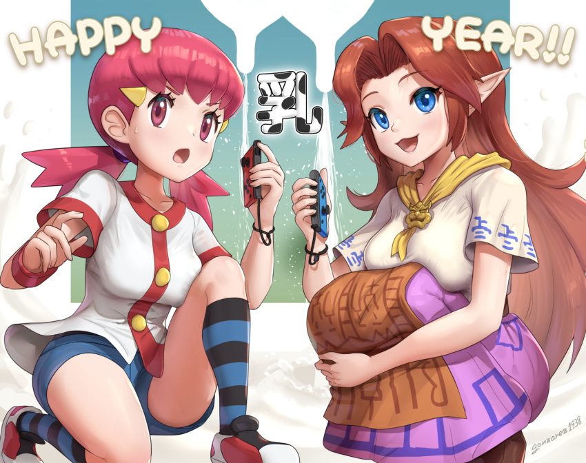 1-2-switch 2girls :3 ascot blue_eyes brown_eyes brown_hair chinese_zodiac company_connection cremia dress gonzarez gym_leader happy_new_year highres joy-con looking_at_viewer milk multiple_girls new_year nintendo open_mouth pink_hair pointy_ears pokemon pokemon_(game) pokemon_gsc shoes short_shorts shorts sneakers squatting striped striped_legwear the_legend_of_zelda the_legend_of_zelda:_majora's_mask twintails udder whitney_(pokemon) year_of_the_ox