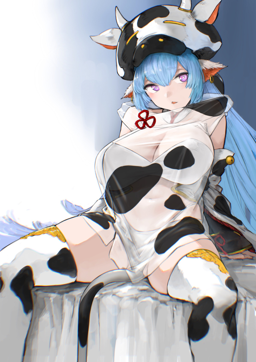 1girl absurdres animal_ears animal_print bangs blue_hair breasts cleavage cow_ears cow_hood cow_print cow_tail detached_sleeves draph earrings eyebrows_visible_through_hair granblue_fantasy highres jewelry large_breasts long_hair looking_to_the_side navel panties procreate_(medium) purple_eyes rowkiba shatola_(granblue_fantasy) sheer_clothes shorts sitting solo tail thighhighs underwear white_legwear white_panties white_shorts