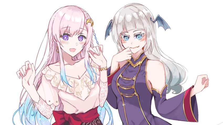 2girls airani_iofifteen airani_iofifteen_(artist) bangs blue_eyes blue_hair blunt_bangs bracelet breasts cleavage clenched_hand collaboration collarbone eyebrows_visible_through_hair gradient_hair highres hololive hololive_indonesia indie_virtual_youtuber jewelry long_hair looking_at_viewer medium_breasts multicolored_hair multiple_girls open_mouth palette_hair_ornament pink_hair pochi_(pochi-goya) pochimaru_(vtuber) purple_eyes silver_hair smile virtual_youtuber white_background