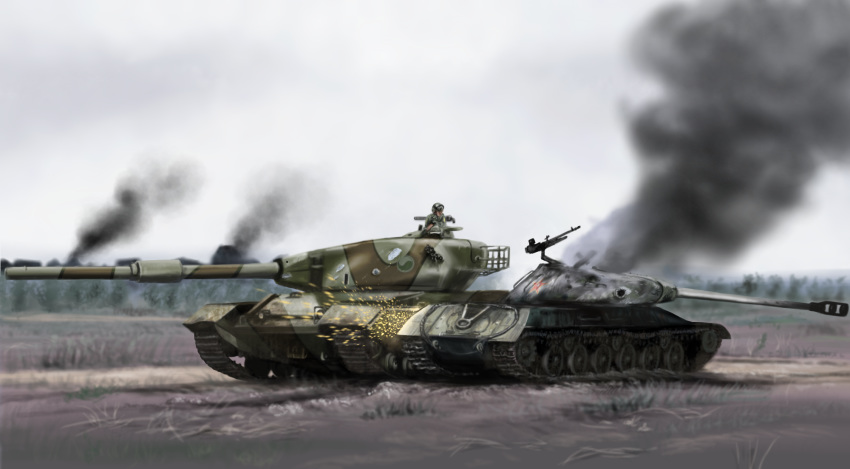 1boy caterpillar_tracks cloud commission conqueror_(tank) day grass ground_vehicle gun highres is-3 korean_commentary machine_gun military military_vehicle motor_vehicle original sky smoke sparkle star_(symbol) tank tree weapon yihan_world