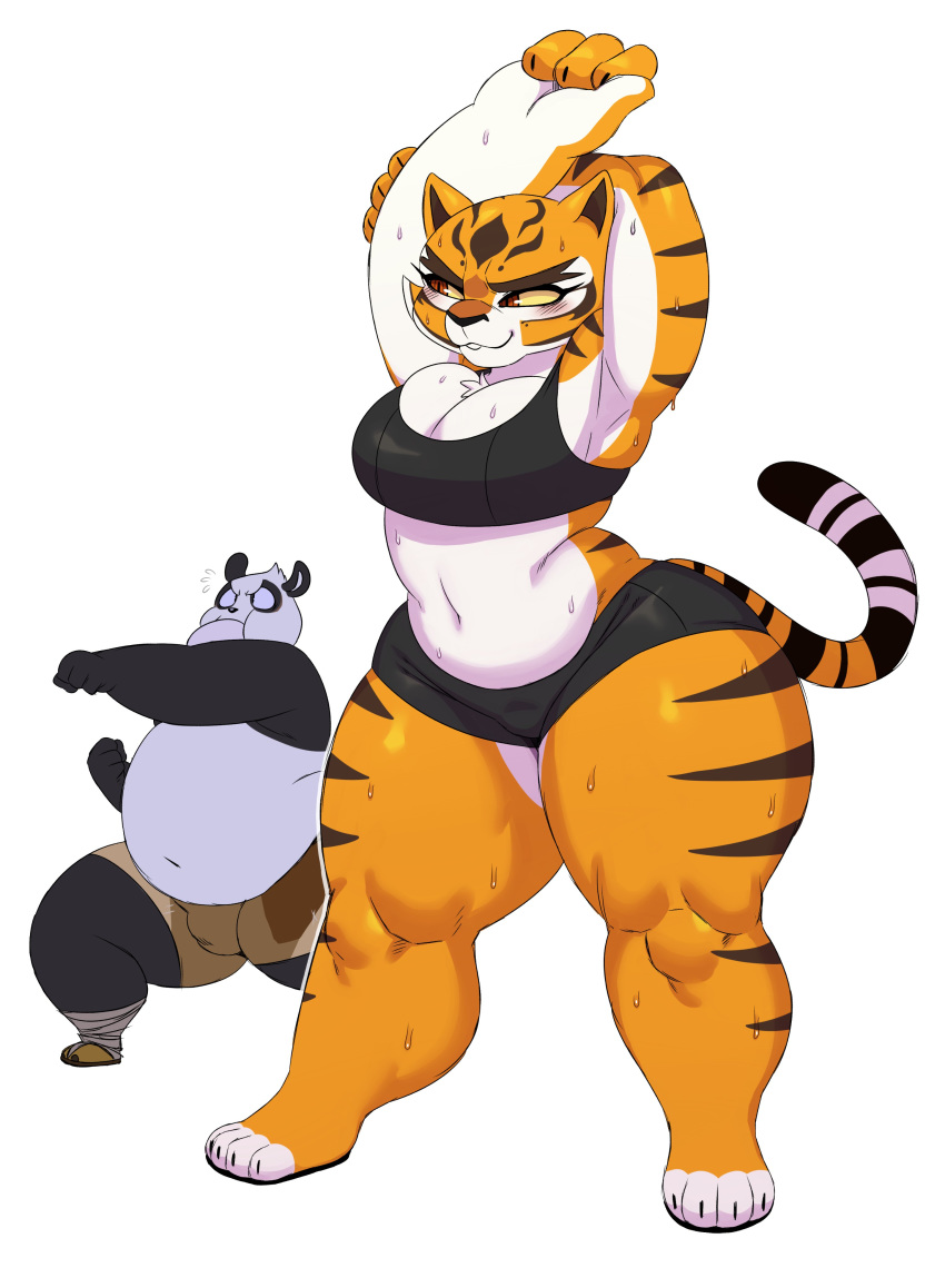 2021 absurd_res anthro blush bodily_fluids breasts clothing dreamworks duo felid female giant_panda hi_res kung_fu_panda male mammal master_po_ping master_tigress navel pantherine simple_background sssonic2 sweat tiger ursid white_background