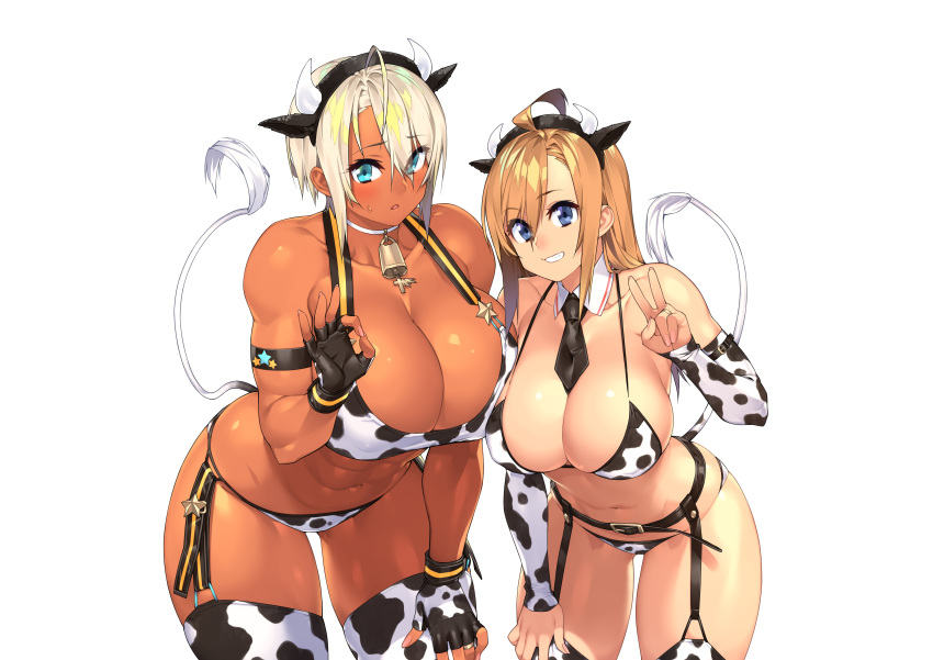 23_(real_xxiii) 2girls absurdres ahoge animal_ears animal_print bell bell_choker belt black_belt black_gloves black_neckwear blonde_hair blue_eyes breasts brown_hair choker clenched_teeth cow_ears cow_horns cow_print cow_tail fake_animal_ears fingerless_gloves garter_straps gloves highres horns huge_breasts large_breasts long_hair looking_at_viewer multiple_girls navel necktie original sela_(23) short_hair simple_background smile tail tan teeth thighhighs ursula_(23) v white_background white_choker white_legwear