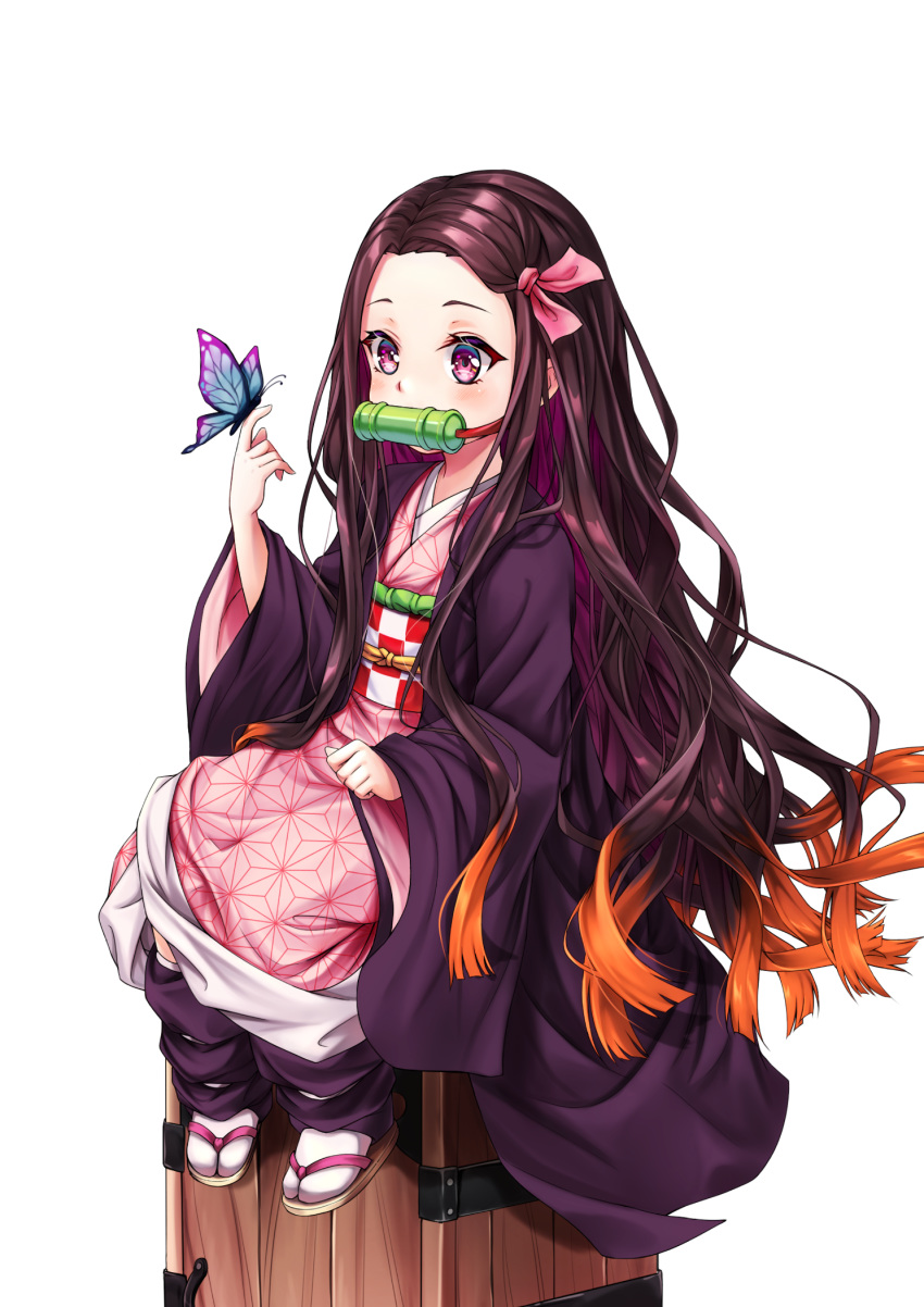 1girl arm_up bit_gag black_hair black_robe box brown_hair bug butterfly checkered_obi forehead full_body gag gradient_hair highres insect japanese_clothes kamado_nezuko kimetsu_no_yaiba kimono leg_warmers long_hair multicolored_hair n15e obi pink_eyes pink_kimono ribbon robe sandals sash sitting solo tabi very_long_hair wooden_box