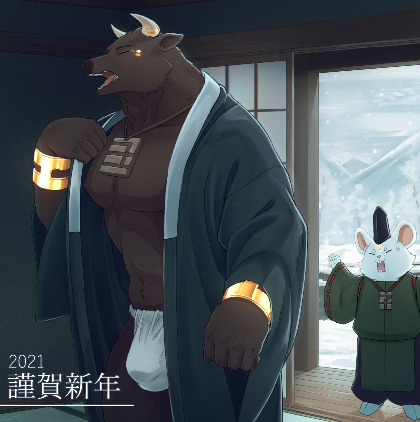 2021 anthro asian_clothing barazoku bovid bovine brown_body brown_fur bulge cattle chinese_new_year chinese_zodiac clothing detailed_background duo east_asian_clothing eyes_closed fundoshi fur hat headgear headwear hi_res holidays humanoid_hands japanese_clothing kemono kumao male mammal murid murine muscular muscular_male new_year rat rodent snow underwear white_body white_fur year_of_the_ox