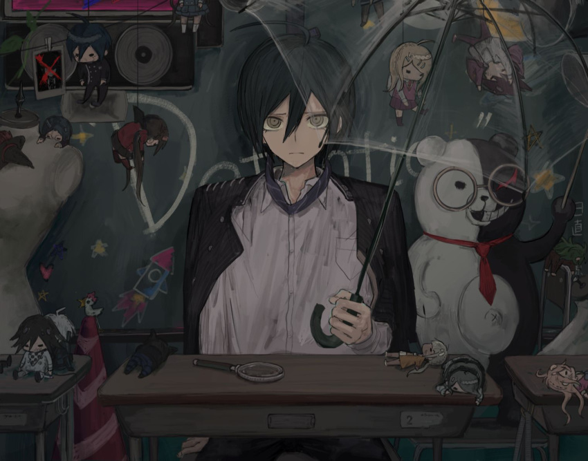 1boy ahoge akamatsu_kaede amami_rantarou arm_at_side black_hair black_jacket black_pants breast_pocket brown_eyes chabashira_tenko chair character_doll closed_mouth collared_shirt commentary_request danganronpa_(series) danganronpa_v3:_killing_harmony desk glasses gokuhara_gonta hair_between_eyes harukawa_maki holding holding_umbrella hoshi_ryouma iruma_miu iumi_urura jacket jacket_on_shoulders keebo long_sleeves looking_at_viewer momota_kaito monokuma necktie ouma_kokichi pants pocket red_neckwear round_eyewear saihara_shuuichi school_chair school_desk shinguuji_korekiyo shirogane_tsumugi shirt short_hair sitting toujou_kirumi transparent transparent_umbrella umbrella yonaga_angie yumeno_himiko