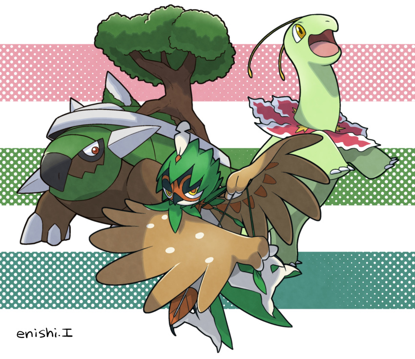 commentary_request creature decidueye enishi_(menkura-rin10) gen_2_pokemon gen_4_pokemon gen_7_pokemon highres looking_at_viewer meganium no_humans pokemon pokemon_(creature) signature striped striped_background torterra