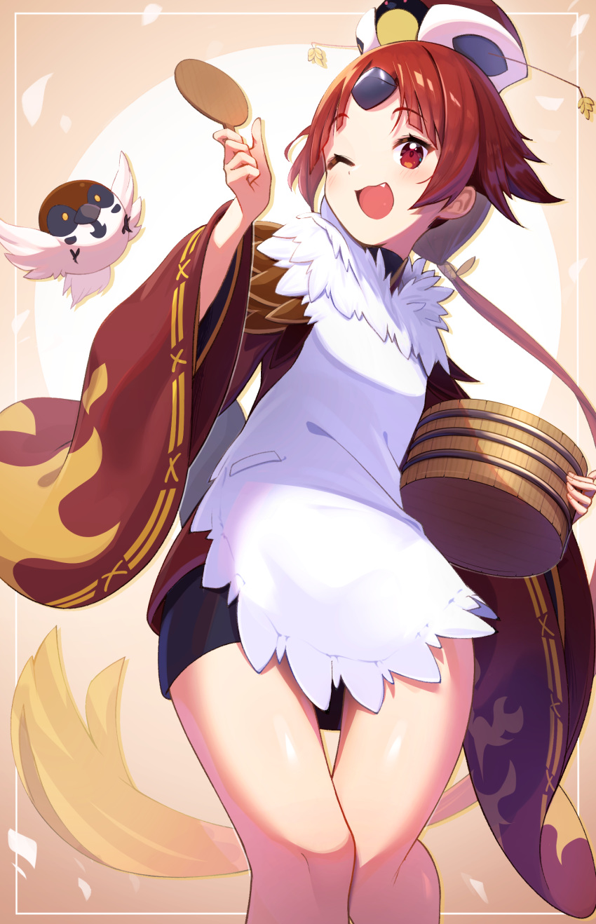 1girl :3 apron bangs benienma_(fate/grand_order) bird commentary cowboy_shot fang fate/grand_order fate_(series) hat highres holding holding_spoon japanese_clothes kimono knees_together_feet_apart low_ponytail one_eye_closed open_mouth parted_bangs red_kimono rice_spoon smile solo sparrow spoon standing takom thigh_gap tied_hair white_apron wide_sleeves