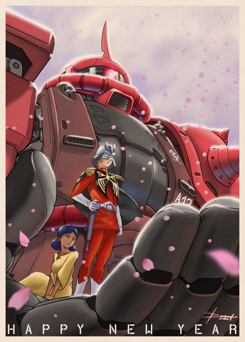 1boy 1girl absurdres blonde_hair boris_(borisasf) capelet char_aznable dark_skin dark_skinned_female double_bun glowing glowing_eye green_eyes gundam hand_on_hip happy_new_year highres holding_person lalah_sune looking_down looking_up mask mecha mobile_suit_gundam new_year one-eyed procreate_(medium) red_eyes science_fiction uniform v-fin zaku_ii_s_char_custom zeon