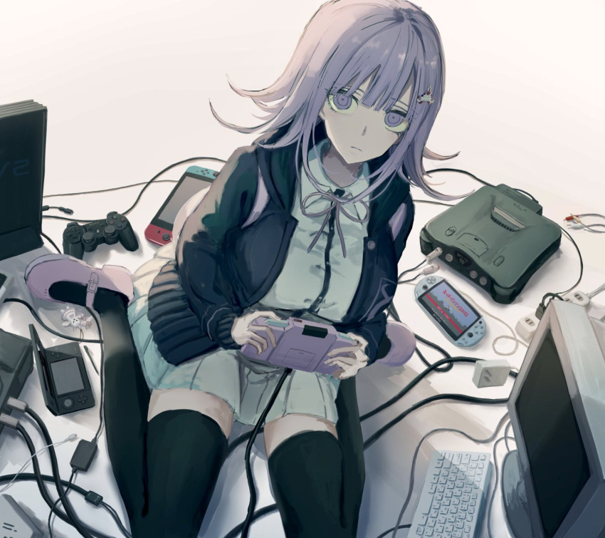 1girl bangs black_legwear breasts commentary_request controller danganronpa_(series) danganronpa_2:_goodbye_despair game_console game_controller hair_ornament hairclip handheld_game_console highres iumi_urura large_breasts looking_at_viewer looking_up medium_hair nanami_chiaki nintendo_3ds nintendo_64 nintendo_switch playstation_2 playstation_vita pleated_skirt purple_eyes purple_hair school_uniform seiza sitting skirt solo thighhighs wariza