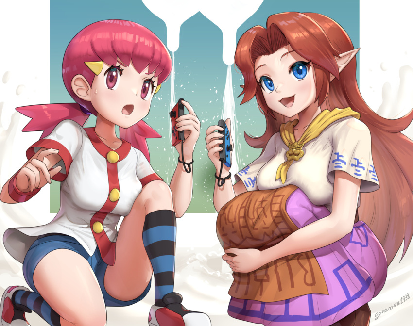 1-2-switch 2girls :3 ascot blue_eyes brown_eyes brown_hair company_connection cremia dress gonzarez gym_leader highres joy-con looking_at_viewer milk multiple_girls nintendo open_mouth pink_hair pointy_ears pokemon pokemon_(game) pokemon_gsc shoes short_shorts shorts sneakers squatting striped striped_legwear the_legend_of_zelda the_legend_of_zelda:_majora's_mask twintails udder whitney_(pokemon)