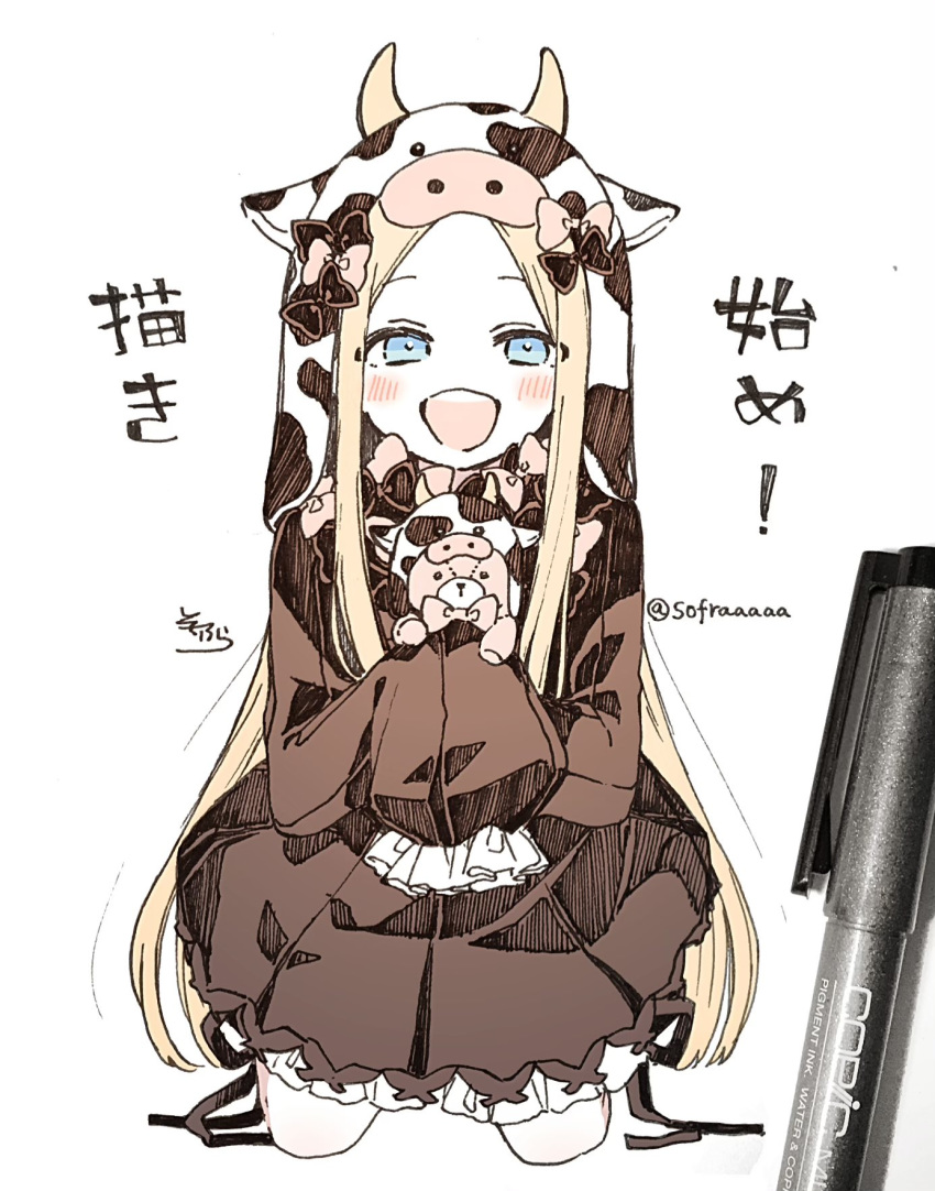 1girl :d abigail_williams_(fate/grand_order) animal_ears bangs black_bow black_dress black_headwear blonde_hair blue_eyes blush bow bug butterfly commentary_request cow_ears cow_hood cow_horns dress fake_animal_ears fake_horns fate/grand_order fate_(series) forehead full_body hair_bow hat highres holding holding_stuffed_toy horns insect kneeling long_hair long_sleeves looking_at_viewer open_mouth orange_bow parted_bangs photo_(medium) polka_dot polka_dot_bow signature simple_background sleeves_past_fingers sleeves_past_wrists smile sofra solo stuffed_animal stuffed_toy teddy_bear traditional_media translated twitter_username upper_teeth very_long_hair white_background