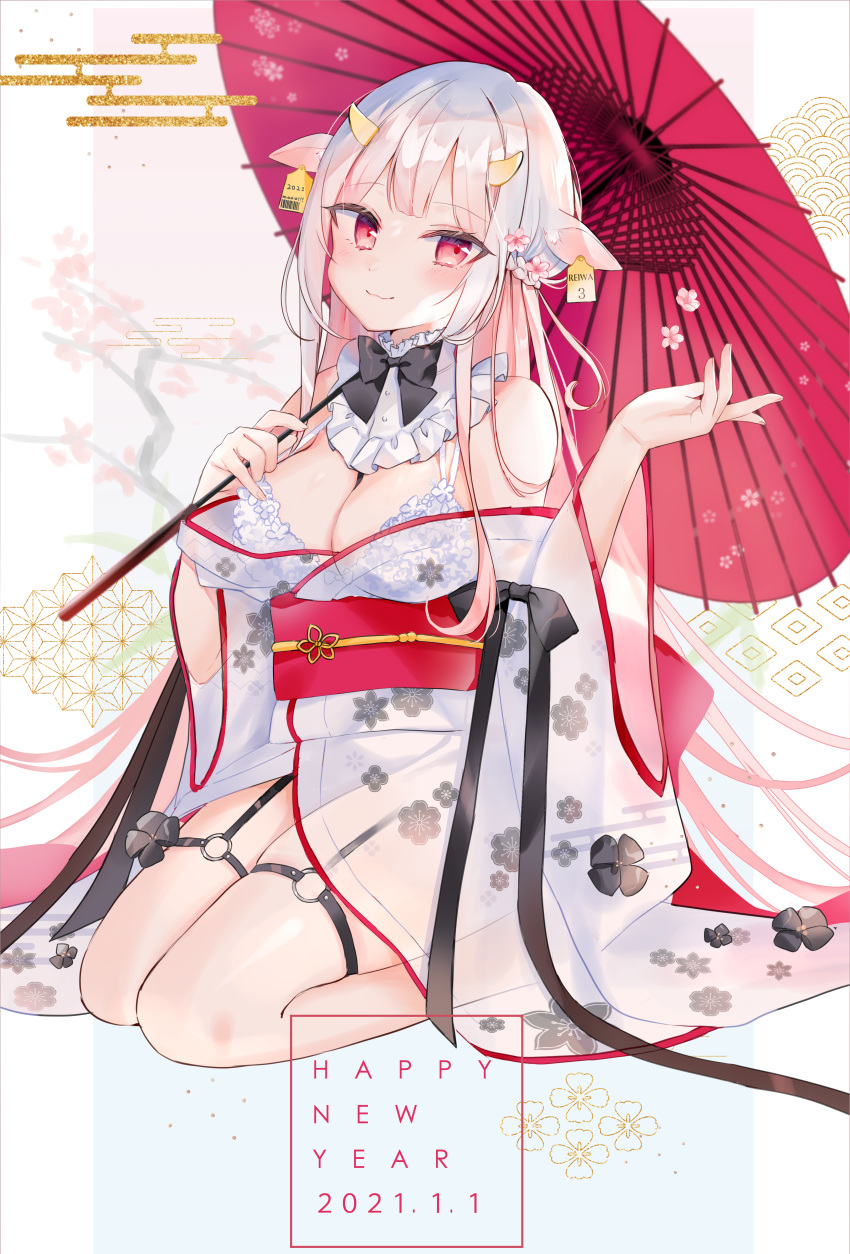 2021 absurdres animal_ears bare_shoulders black_bow black_neckwear blush bow bowtie bra breasts chinese_zodiac cleavage closed_mouth cow_ears cow_girl cow_horns detached_collar egasumi flower full_body gradient_hair hair_flower hair_ornament happy_new_year highres holding holding_umbrella horns japanese_clothes kimono kimono_pull kneeling long_sleeves looking_at_viewer medium_breasts moko_(mokochisa) multicolored_hair new_year o-ring obi off_shoulder oil-paper_umbrella original pink_eyes pink_hair sash see-through silver_hair smile solo thigh_strap umbrella underbust underwear white_bra white_kimono wide_sleeves year_of_the_ox