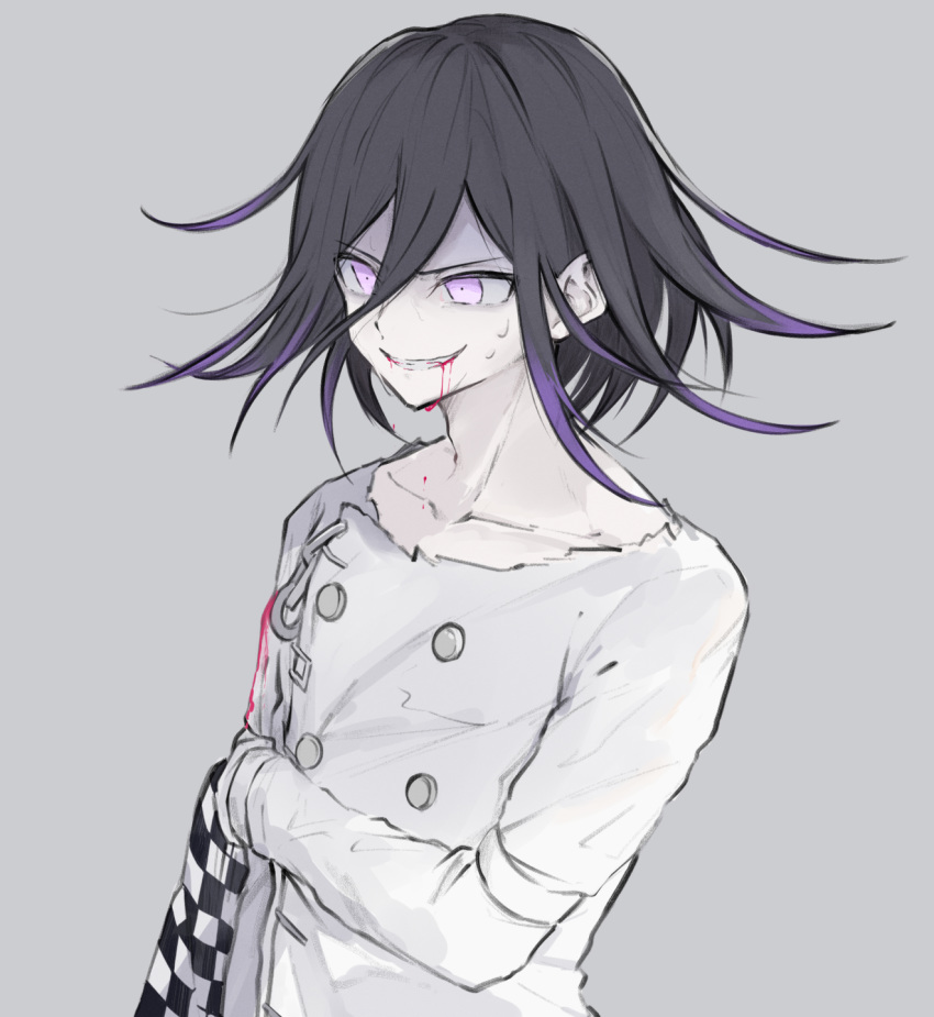 1boy black_hair blood checkered checkered_scarf collarbone commentary_request danganronpa_(series) danganronpa_v3:_killing_harmony grey_background grey_jacket hair_between_eyes highres holding holding_clothes holding_scarf iumi_urura jacket long_sleeves male_focus medium_hair multicolored_hair ouma_kokichi purple_hair saliva scarf scarf_removed shaded_face simple_background solo straitjacket two-tone_hair upper_body