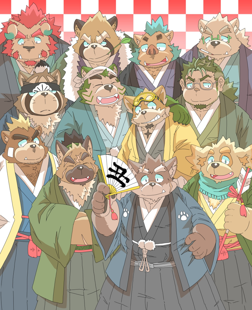 2021 anthro ashigara black_nose brown_body brown_fur canid canine canis chernobog clothing cu_sith_(tas) domestic_dog eyes_closed eyewear fur glasses gouryou green_body green_fur group gyobu hi_res holidays hottophoto human kemono leib_(tas) live-a-hero male mammal mokdai moritaka new_year overweight overweight_male polar_bear procy raccoon_dog robe shoen smoking suid suina sus_(pig) tanuki tokyo_afterschool_summoners ursid ursine video_games wild_boar yasuyori