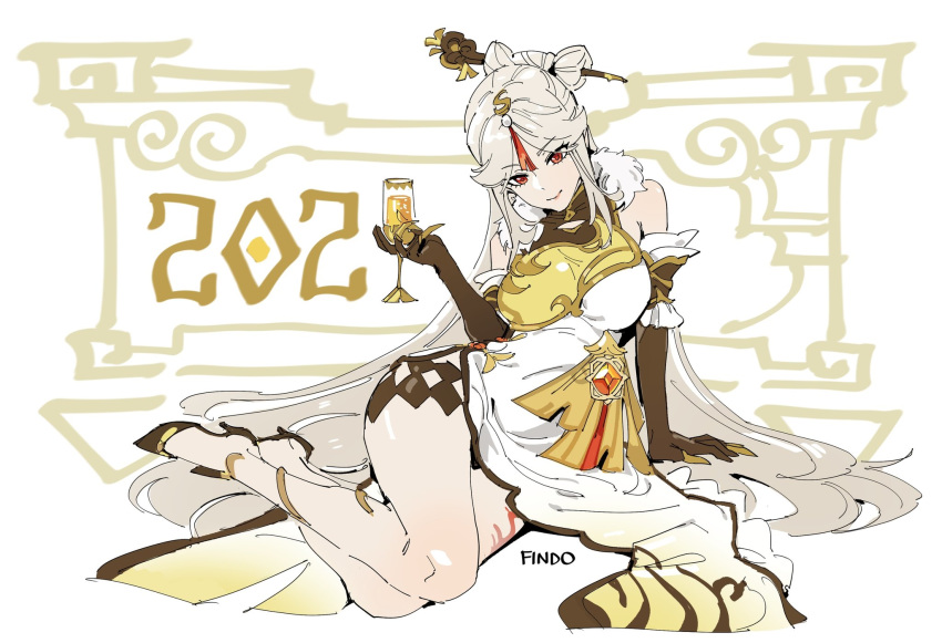 1girl 2021 alcohol bare_shoulders breasts champagne china_dress chinese_clothes dress elbow_gloves findoworld full_body genshin_impact gloves hair_ornament high_heels highres large_breasts legs long_hair looking_at_viewer new_year ningguang red_eyes solo white_hair